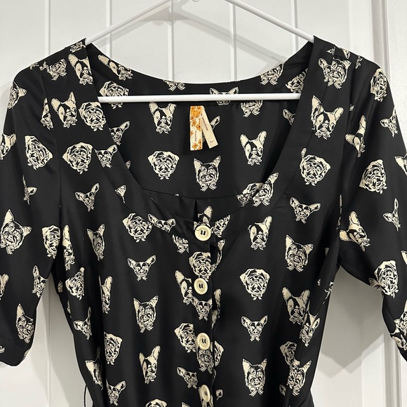 Anthropologie Maeve Black Button-front Short Sleeve Dress in Frenchie Prints - Picture 2 of 8